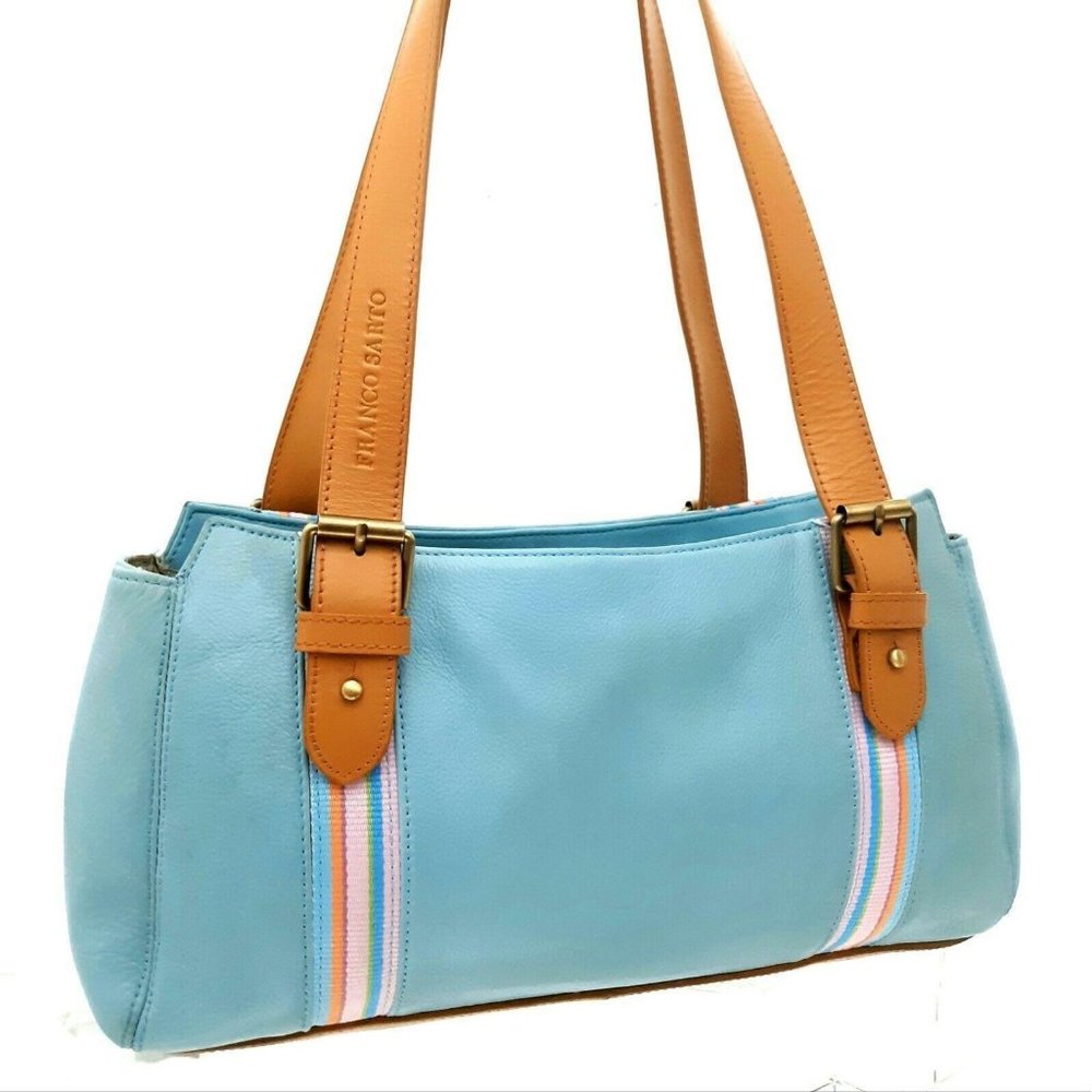 Franco Sarto Blue Leather Handbag Pastel Ribbons